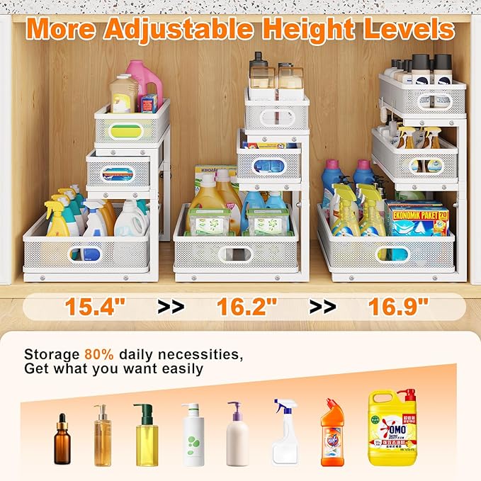 Under Sink Organizer, 2-Pack 3-Tier White Metal Pull Out Cabinet Organizer, Slide Out Under Sink Storage Drawers, Under The Sink Organization and Storage Shelf for Kitchen Bathroom Pantry Laundry Room