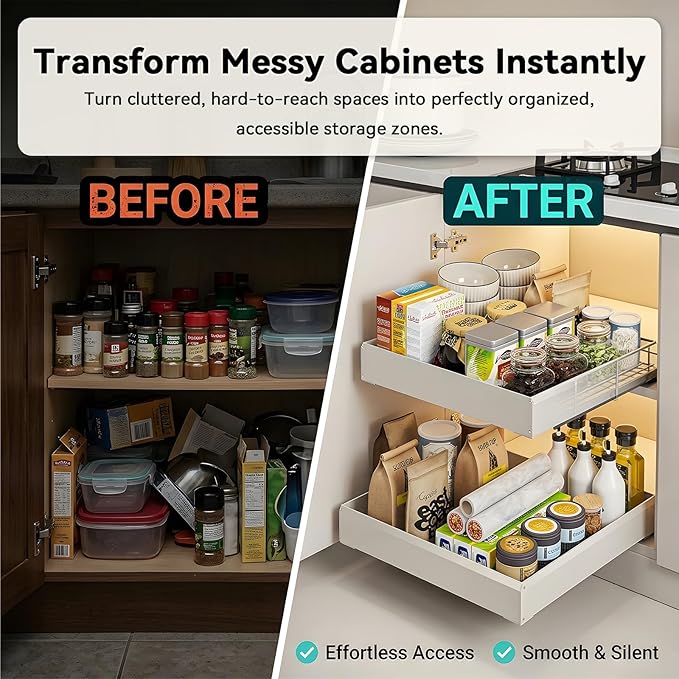 Pull Out Cabinet Organizer, Slide Out Drawers for Kitchen Cabinets, Heavy Duty Cabinet Pull Out Shelves with Adhesive Mount, No-Drill Space Aluminum Rolling Tray for Pantry, Bathroom & Base Cabinets