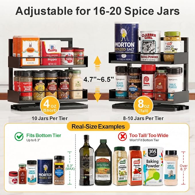 iSPECLE Vertical Spice Rack Pull Out - 1 Pack Rotate No-Drill Slide Out Spice Rack for Cabinet Swivel Easy Access Spices, Adjust Height for 4oz to 8oz Spice Jars Inside Kitchen Pantry Cabinet, Black