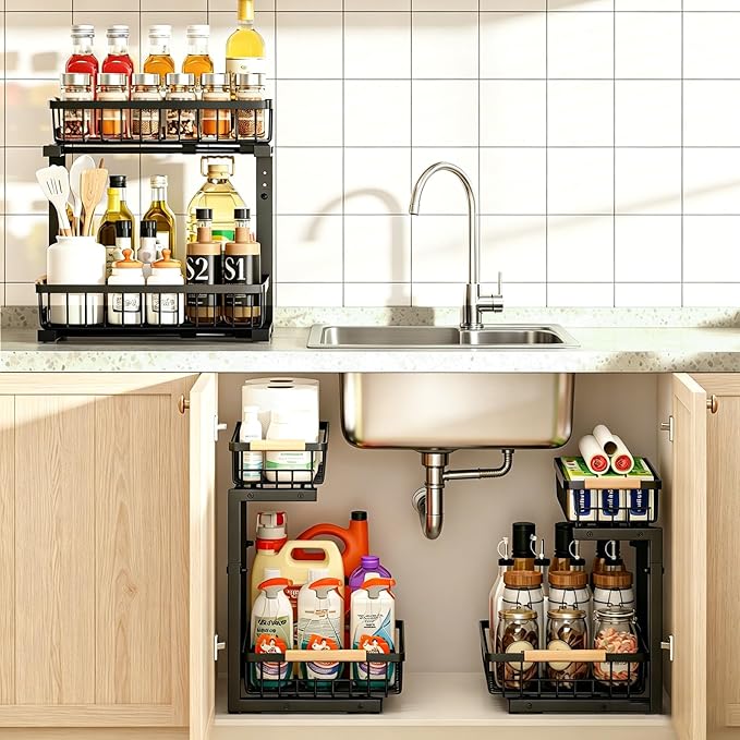 REALINN Under Sink Organizer, Height Adjustable 2 Tier Pull Out Cabinet Storage, L-Shaped Drawer Organizer for Kitchen Sink Organizer, Bathroom Organizers and Storage, Smooth Sliding Rails, Black