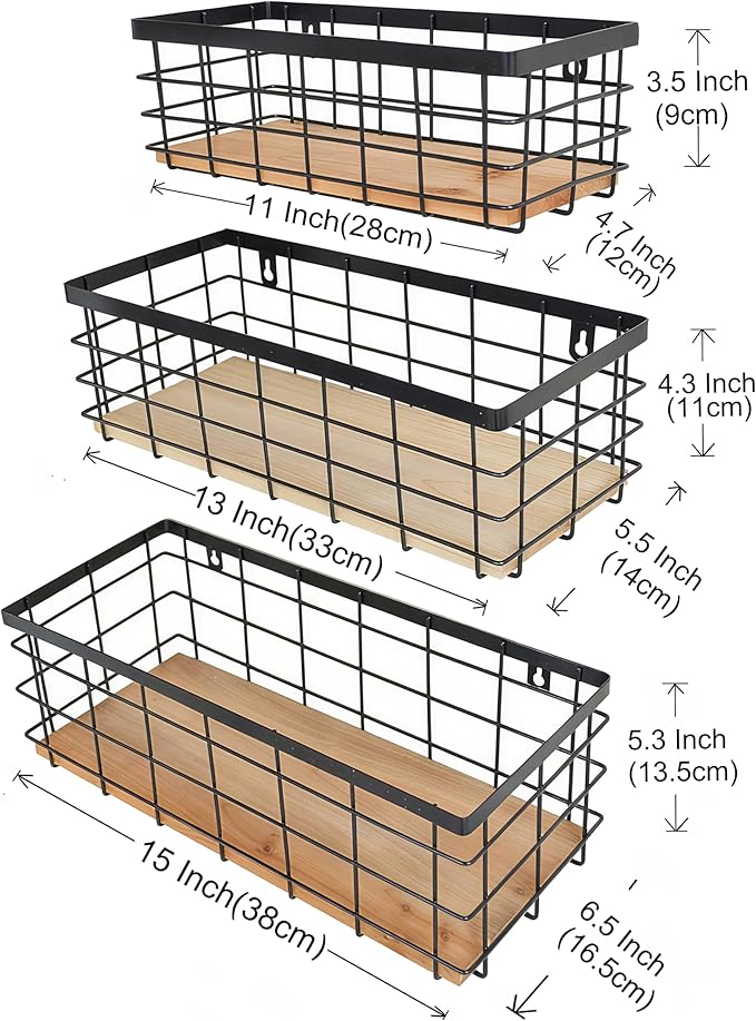 ShabbyDecor Metal Wire Basket Detachable Wood Base Storage Organizer Farmhouse Hanging Basket for Kitchen Cabinets, Bathroom, Pantry, Laundry Room Set of 3,Black Color
