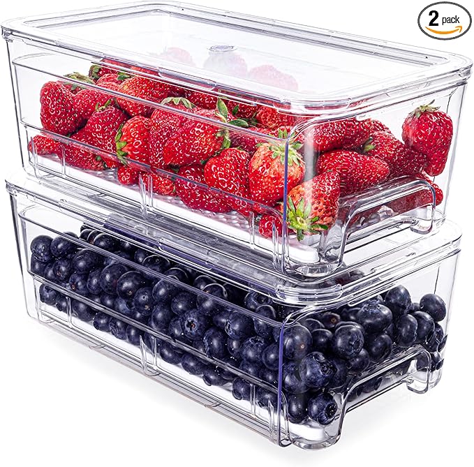 Imncya Fridge Organizer Bins, Clear Stackable Pull Out Fridge Drawer Organizer, Refrigerator Organizers and Storage Container for Fruits, Vegetables, Drinks, Food ( 2 Pack Clear)
