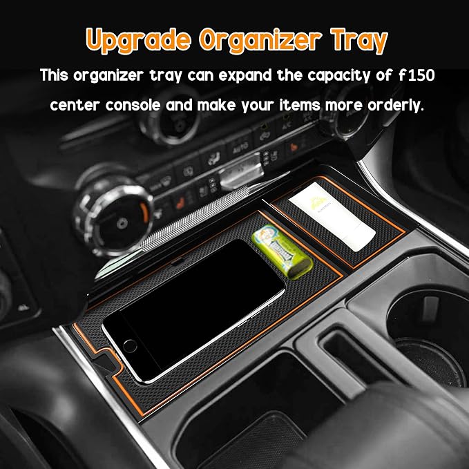 Center Console Organizer Tray for Ford F150 2021-2024/Lightning XLT 2022-2024 Interior Accessories Hidden Insert Storage Box with USB Hole Fit Front Shifter Open Pocket (Orange)