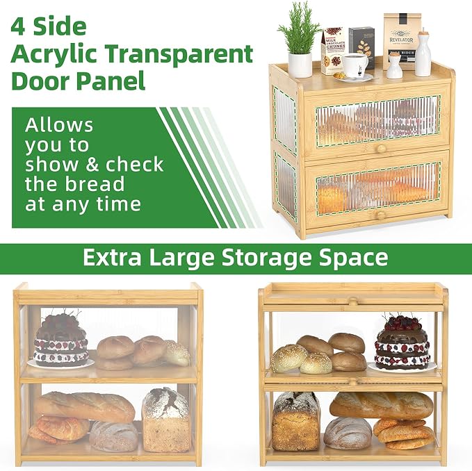 BAMBANG Extra Large Bamboo Bread Box for Kitchen Counter, Double Layer Bread Storage Container Farmhouse Bread Box with 4 Sides Transparency, Breadbox Bin Holder for Homemade Bread, Natural