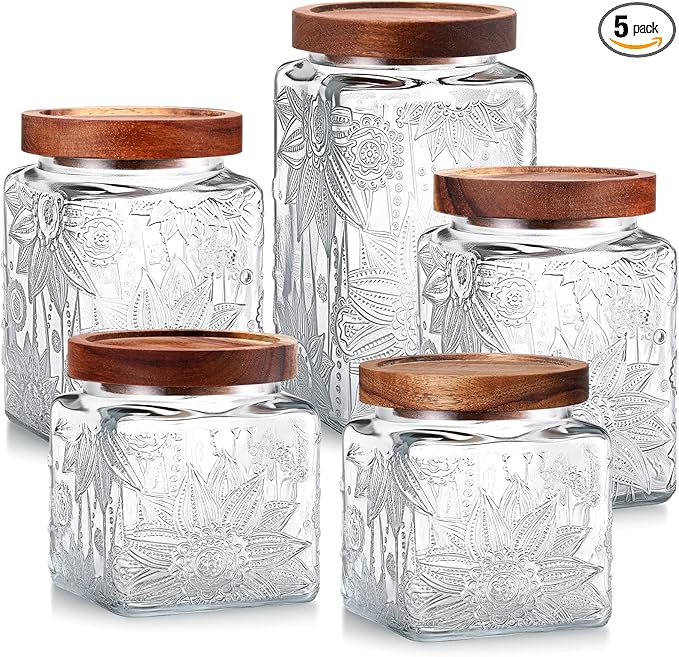 Suclain 5 Pcs Sunflower Vintage Glass Jars with Bamboo Airtight Lid 17/24/34 oz Glass Food Containers Storage for Kitchen Counter Pantry Sugar Flour Coffee Tea Candy Oats Cereal(Square)