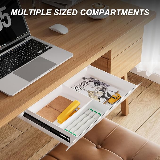 White Under Desk Drawer with Removable Tray, 15.4" Wide 2-in-1 Organizer – 60° Ergonomic Tilt, 4-Compartment Insert for Pens, Phones & Cables, Ball Bearing Slides, for Home Office & Student Desk