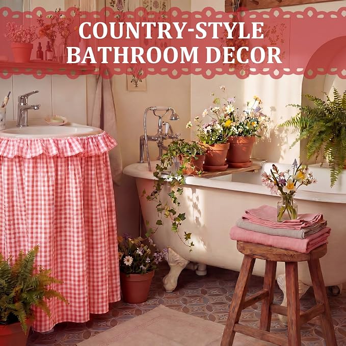 Pink Ruffle Gingham Sink Skirt Self-Adhesive Bathroom Stitch Self Stick Adhesive Fabric Under Sink Curtain Skirt 55'' x 32'' for Bathroom Kitchen Laundry Utility Room Decor