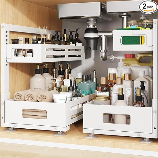 2 Pack 19IN-Depth Under Sink Organizer,Pull Out Cabinet Organizer With Smooth Cylindrical Rail,Metal Slide Out Drawer for Kitchen Bathroom Laundry,8-Level Tool Free Height Adjustable-White