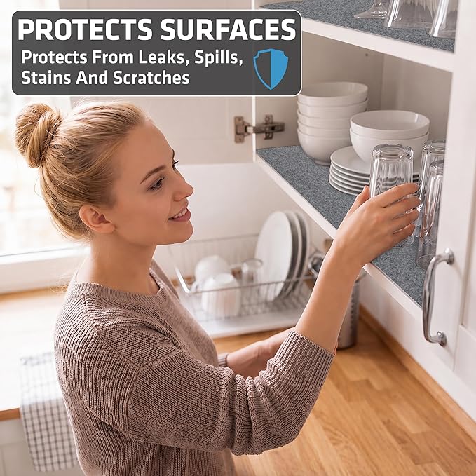 Drymate Premium Luxury Shelf & Drawer Liner, Thick Cushioned Fabric, Non-Adhesive, Absorbent, Waterproof, Slip-Resistant, Liners for Kitchen Cabinets, Cupboards (USA Made)(12”x59”)(2-Pack)(Light Grey)