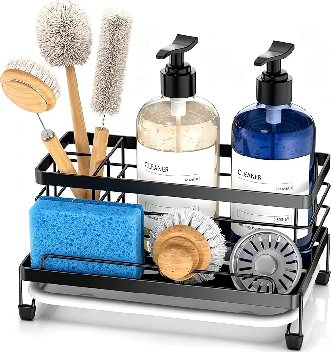 Cisily Black Sponge Holder for Kitchen, Sink Caddy Sink Organizer Rack for Kitchen Accessories with Drip Tray, Rustproof and Non-slip, Soap Dispenser Countertop Organizer Essentials for New Home