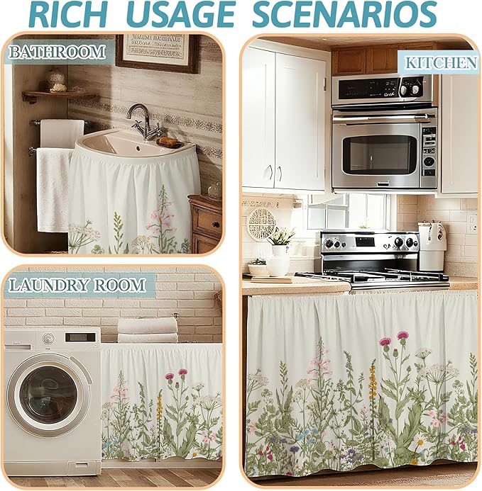 MUGINYU Cabinet Curtains 28" W x 51" L Sink Skirt for Bathroom,Floral Botanical Flower Short Curtains for Kitchen &Classroom,Boho Spring Colorful Leaves Closet Dishwasher Curtain with Velcro