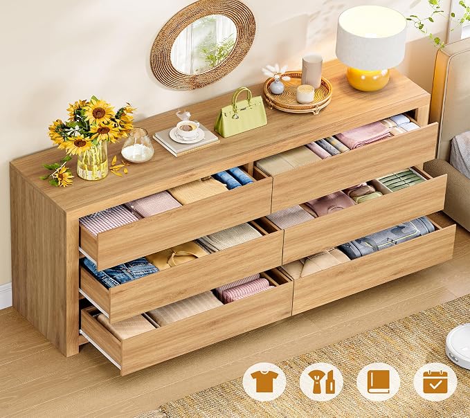 TEENFON 55" Dresser for Bedroom with 6 Drawers, Modern Dressers & Chests of Drawers with Metal Handles, Wooden Dresser TV Stand, Bedroom Dressers, for Bedroom, Hallway, Natural