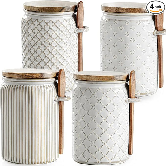 getstar Canisters Sets for the Kitchen, 32 oz Sugar Coffee Tea Storage Containers, Ceramic Kitchen Canisters for Countertop Set of 4 with Airtight Lids and Teaspoons