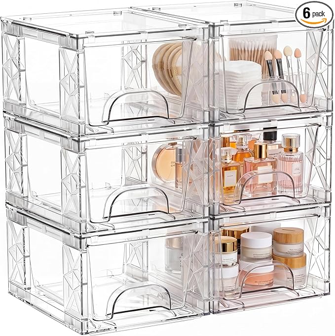 Stackable Storage Drawers, 4.4in Small Bathroom Organizers and Storage Boxes, Simply Assembled Box Containers for Medicine, Cosmetics, , Kitchen, Snack(6 Pack)