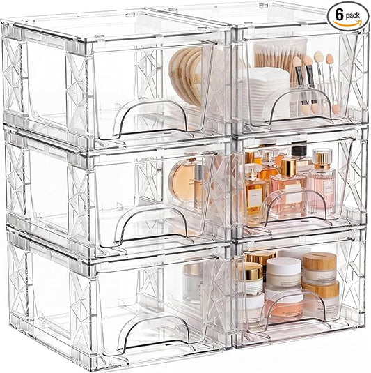 Stackable Storage Drawers, 4.4in Small Bathroom Organizers and Storage Boxes, Simply Assembled Box Containers for Medicine, Cosmetics, , Kitchen, Snack(6 Pack)