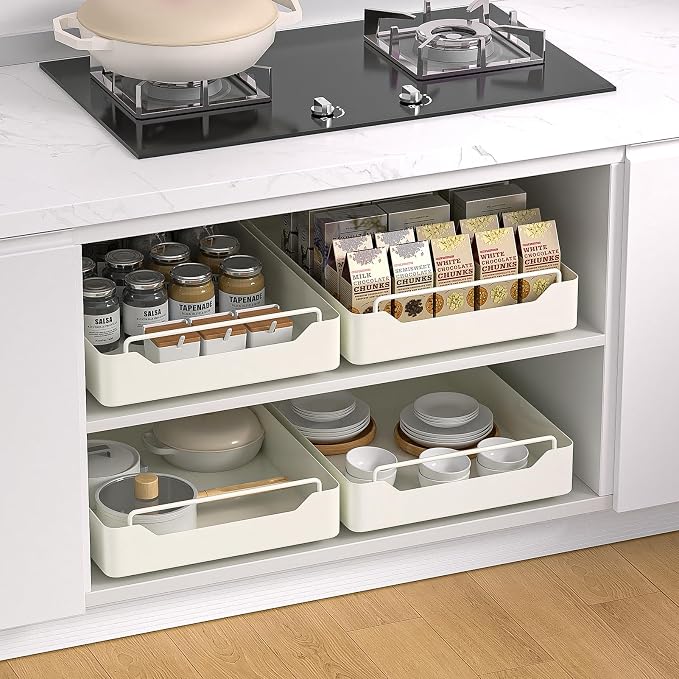 KMC Cabinet Pull-Out Organizer – No Screw, Double Layers Drawers, Peel & Stick Sliding Pantry Shelf – Kitchen Pullout with Home Adhesive