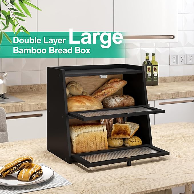 kiplant Large Black Bread Box, Double-Layer Bread Box for Kitchen Counter, Bamboo Bread Storage Container with Wavy Acrylic Transparent Door