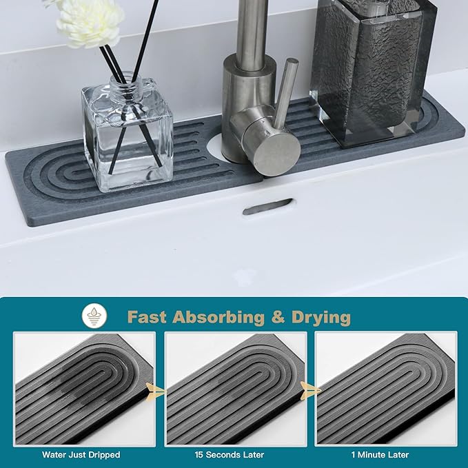 Faucet Mat for Kitchen Sink, Stone Drying Mat for Kitchen Counter, Stone Mat Bathroom, Kitchen Mat, Sink Mat, Water Absorbing Stone Tray for Sink, Bathroom Stone Mat (DARK GREY, 23.6*4")