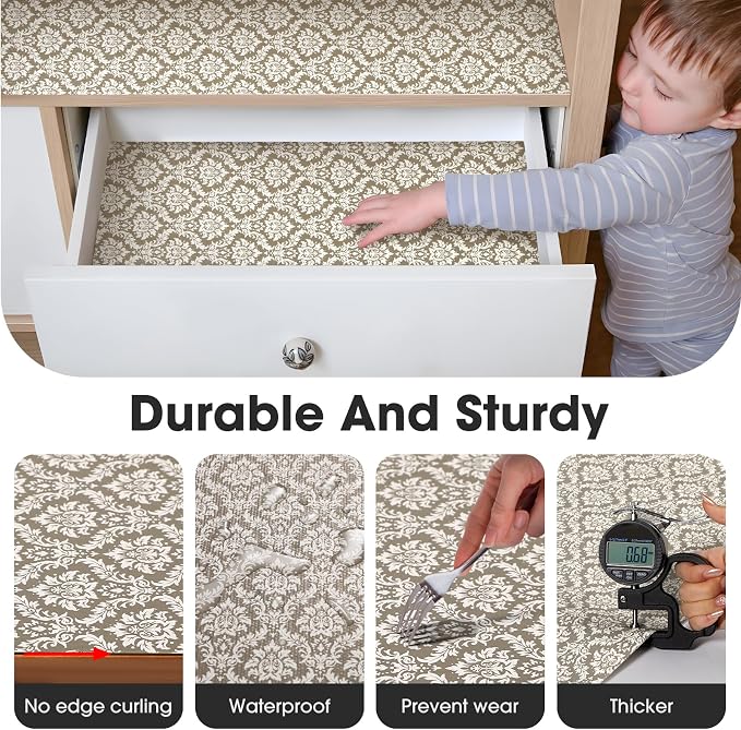 Drawer and Shelf Liner, Non-Slip Kitchen Cabinet Liners Non-Adhesive Thick Strong Grip Waterproof Washable Mats Protect Dresser Shelves Cupboard Bathroom Cabinets, Boho: Beige, 24 in X 30 FT