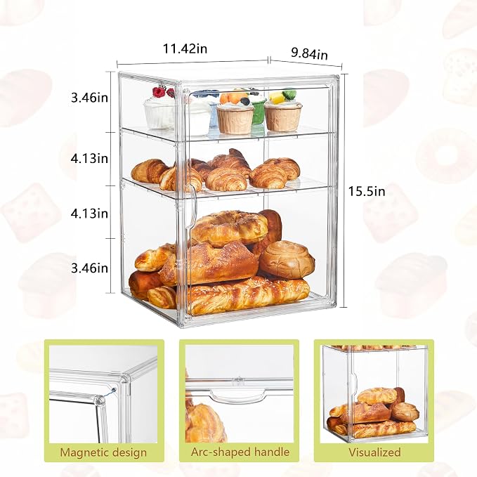 SANKEU Pastry Display Case,Bread Box for Kitchen Countertop,4 Layers Adjustable Clear Bread Storage with Magnetic Door Bakery Pastry Display15.5x11.4x9.8inch，1 Pack