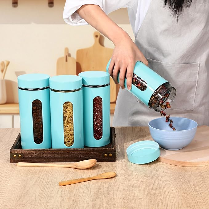 Mimorou 3 Pcs Stainless Steel Canister Set with Glass Windows Visible Storage Jars Silver Kitchen Canister Set for Pasta Flour Oat Sugar Container, Kitchen Tools, Housewarming Gifts(Turquoise,44 oz)