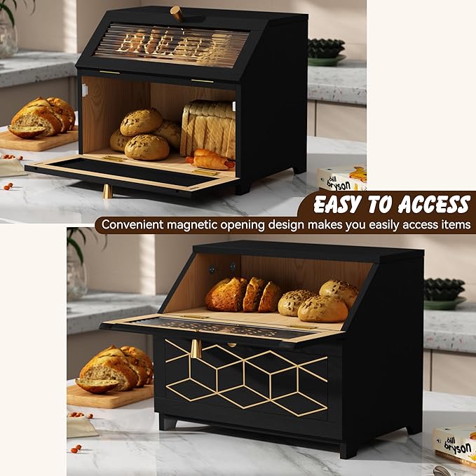 HOLTICO Double Layer Bread Box With Golden Trim for Countertop, Wooden Bread Container for Kitchen Counter, Corner Bread Storage (Black1)