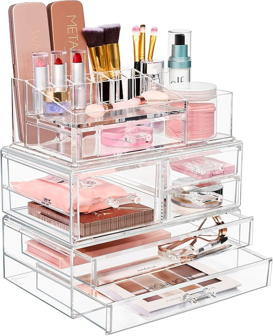 Sorbus Huge Acrylic Makeup Organizer - Extra Large Makeup Case & Display - Stackable 3 Piece Cosmetic Organizers and Storage Set with Acrylic Drawers - Great Vanity, Dresser & Bathroom Organizer