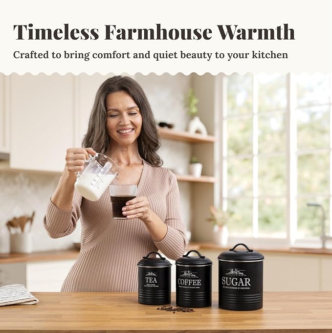 noonberry Kitchen Canisters for Countertop – 3-Piece Airtight Kitchen Canister Set – Sugar Coffee Tea Containers for Kitchen Counter – Matte Black Finish