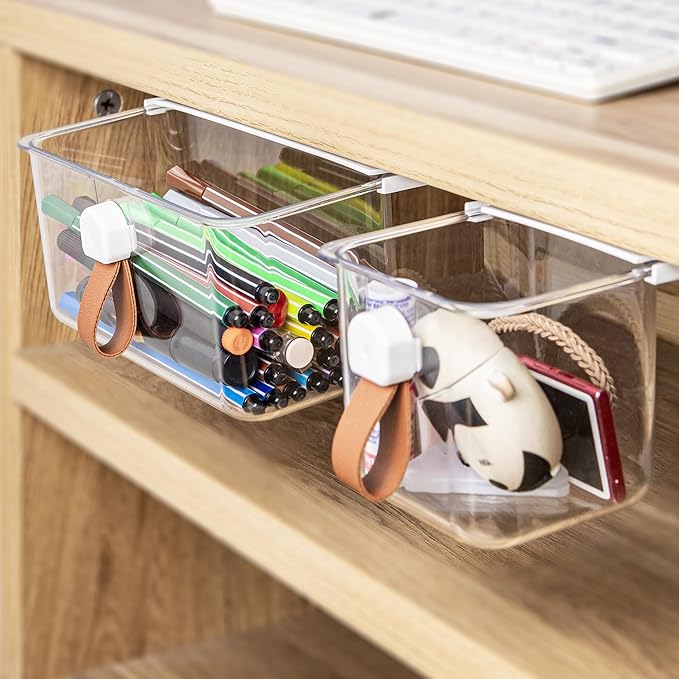 Clear Pull-Out Drawer Organizer - No-Drill Hidden Storage Tray with Handles, Transparent Plastic for Office/Kitchen/Wardrobe (2-Pack)