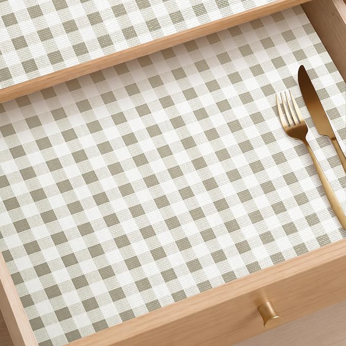 Green Gingham Drawer Liner, Non-Adhesive Shelf and Kitchen Cabinet Protector, 17.5IN x 10FT Non-Slip Strong Grip Waterproof Contact Paper, Smooth Surface Liners for Cabinets, Bathrooms, Cupboard