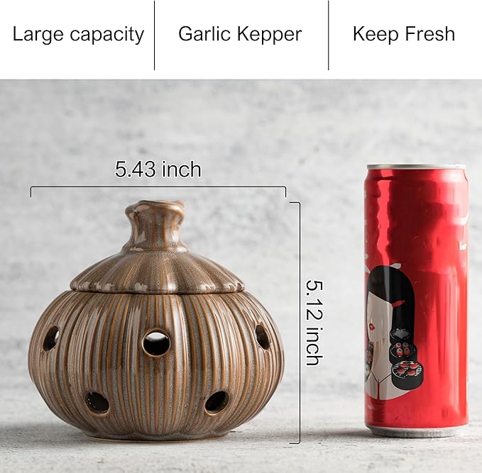 Ceramic Garlic Keeper with Lid and Holes Garlic Saver and Storage Framhouse Decor Keep Gralic Cloves Dry and Fresh, Grey