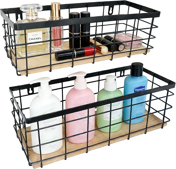 ShabbyDecor Metal Wire Basket Detachable Wood Base Storage Organizer Farmhouse Hanging Basket for Kitchen Cabinets, Bathroom, Pantry, Laundry Room Set of 2,Black Color