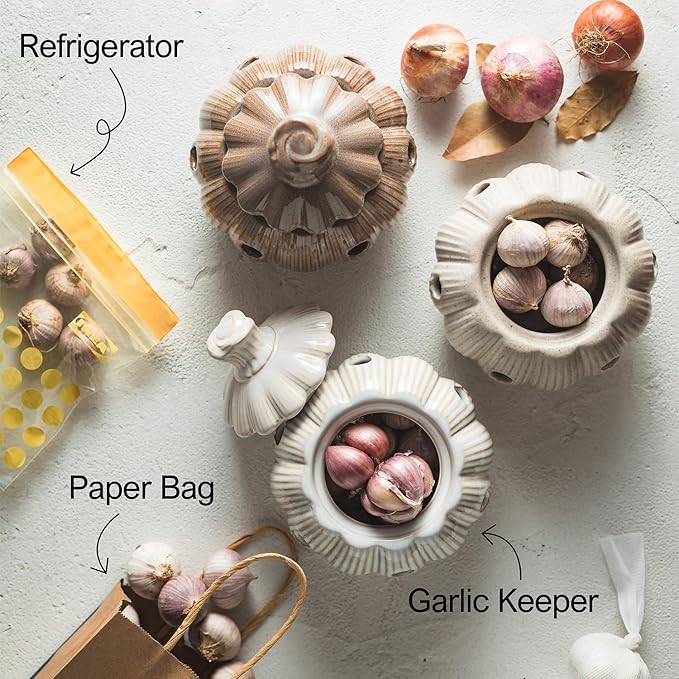 Garlic Storage Pod Ceramic Garlic Keeper with Lid Large Garlic Container for Counter, White