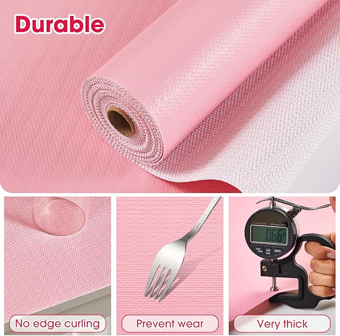 Drawer and Shelf Liner, Non-Slip Kitchen Cabinet Liners Non-Adhesive Thick Strong Grip Waterproof Washable Mats Protect Dresser Shelves Cupboard Bathroom Cabinets, Pink, 18 in X 10 FT