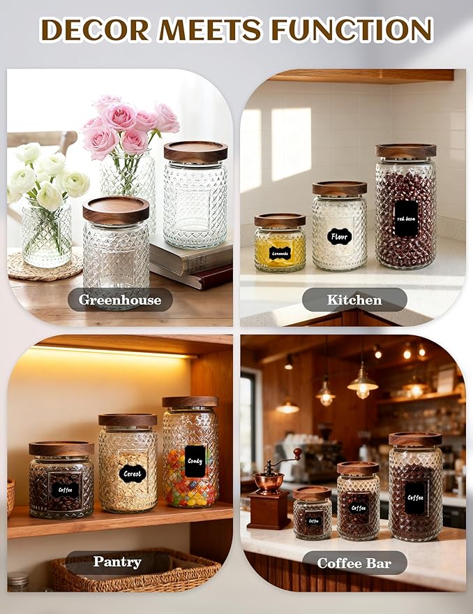 Glass Jar with Wood Lid and Label - 12 OZ Small Airtight Storage Container for Kitchen Pantry Bathroom Countertop, Decorative Vintage Canister for Candy, Treat, Sugar, Coffee, Tea, Salt, Snack, Nuts
