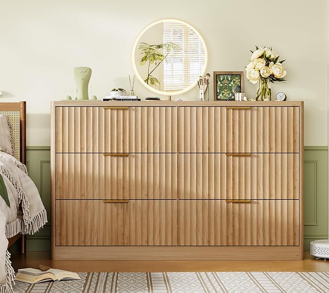 TEENFON Fluted 6 Drawer Dresser for Bedroom, Wide Modern Chest of Drawers with Metal Handle, Curved Profile Design, Wood Closet Clothes Storage Organizer for Bedroom, Hallway, Natural