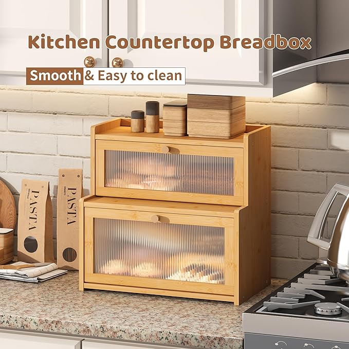Bread Box for Kitchen Countertop Double Layer Large Corner Bread Box Capacity Bread Storage Bin Farmhouse Breadbox Container Organizer Cabinet Cupboard Nature