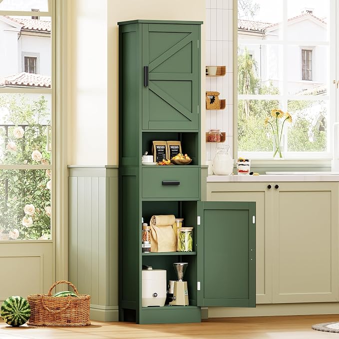 TEENFON 67" H Tall Bathroom Storage Cabinet with Barn Doors and Drawer, Narrow Bathroom Cabinet, Narrow Storage Unit, Adjustable Shelves, Floor Cabinets for Living Room, Forest Green