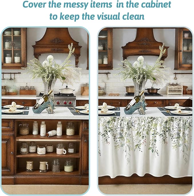 MUGINYU Cabinet Curtains 28" W x 51" L Sink Skirt for Bathroom,Green Leaves Short Curtains for Kitchen &Classroom,Farmhouse Spring Floral Boho Closet Dishwasher Curtain with Velcro