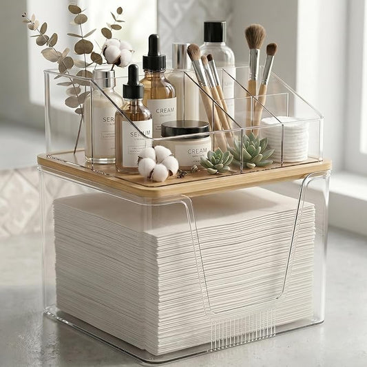 Disposable Facial Towels Holder with Bamboo Lid, 2 in 1 Facial Towels Storage Box and Cosmetics Organizer, Clear Acrylic Box Stackable Vanity Organizer Compatible with Clean Skin Club Towel XL