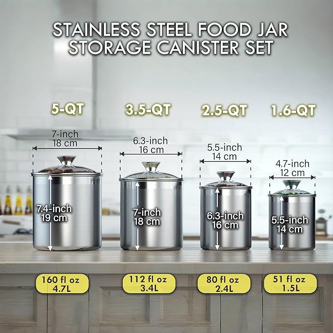 Cooks Standard Classic Stainless Steel Food Jar Storage Canister Set Large, Airtight Containers with Glass Lid for Tea Coffee Sugar Flour Pantry Kitchen Counter, 4-Piece