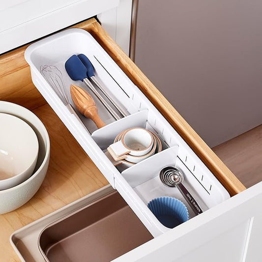YouCopia DrawerFit Expandable Kitchen Drawer Organizer: Sliding Storage Tray for Utensils & Accessories in Deep Drawers, Expandable 15–23" wide, White Speckled BPA-free