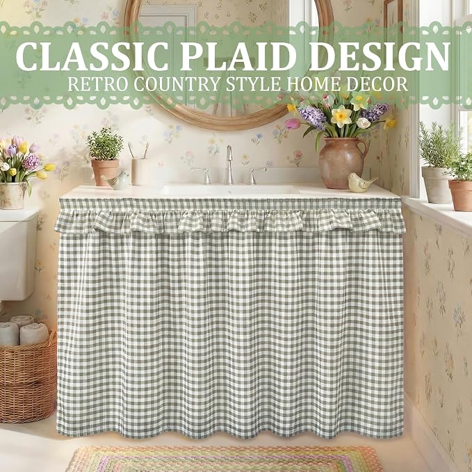 Green Ruffle Gingham Sink Skirt Self-Adhesive Bathroom Stitch Self Stick Adhesive Fabric Under Sink Curtain Skirt 55'' x 32'' for Bathroom Kitchen Laundry Utility Room Decor (32 x 55in)
