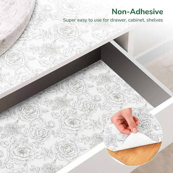 Floral Drawer and Shelf Liner for Kitchen, Non-Slip Non-Adhesive Cabinet Liners for Cupboard, Dresser, Shelves, Tool Box, Pantry, Thickened Easy Install, Strong Grip, 11.8In x 20FT, Rose