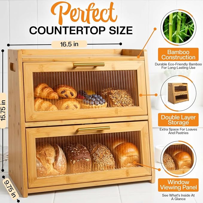 Gennua Kitchen Extra Large Bamboo Bread Box for Kitchen Countertop, Wooden Double Layer Breadbox Provides Double the Storage, Holds Multiple Loaves, Durable & Beautiful with Frosted Acrylic Panels