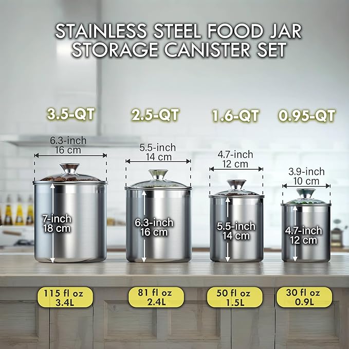 Cooks Standard Classic Stainless Steel Food Jar Storage Canister Set Medium, Airtight Containers with Glass Lid for Tea Coffee Sugar Flour Pantry Kitchen Counter, 4-Piece