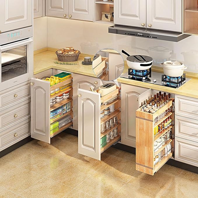 DINDON Pull Out Spice Rack Organizer for Cabinet, (6.5" W x 21.9" D x 25.2" H) Multi-Use Wood Pull Out Cabinet Organizer Slide Out Shelf Cabinet Storage for Kitchen, Pantry Organization