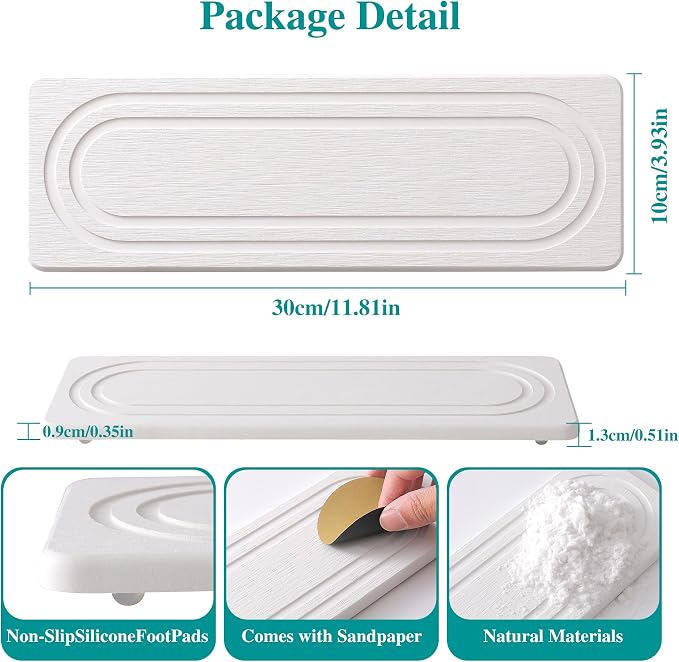 2PCS Water Absorbing Stone Tray for Sink, Quick Drying Diatomite Bathroom Tray Countertop, Stone Drying Mat for Kitchen Counter Faucet, Soap Dish Dispenser Vanity Organizer, White-11.8" x 4"