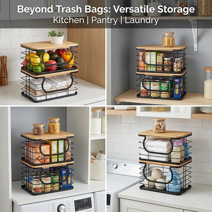 REFGY 2-Pack Stackable Trash Bag Holder with Natural Fiber Top, 10-Inch Wide Opening Garbage Bag Dispenser for 13 to 33 Gallon Rolls, 11" x 7.1" x 5.9" Under Sink Organizer for Kitchen & Laundry