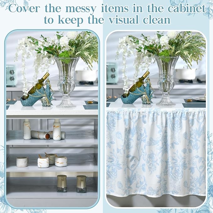 VitalCozy Cabinet Curtain 28" w x 35.4" L Sink Skirt for Bathroom Kitchen Blue Flower Floral Spring Short Curtain for Home Classroom Farmhouse Rustic Drape Under Desk Privacy Drape for Laundry Room